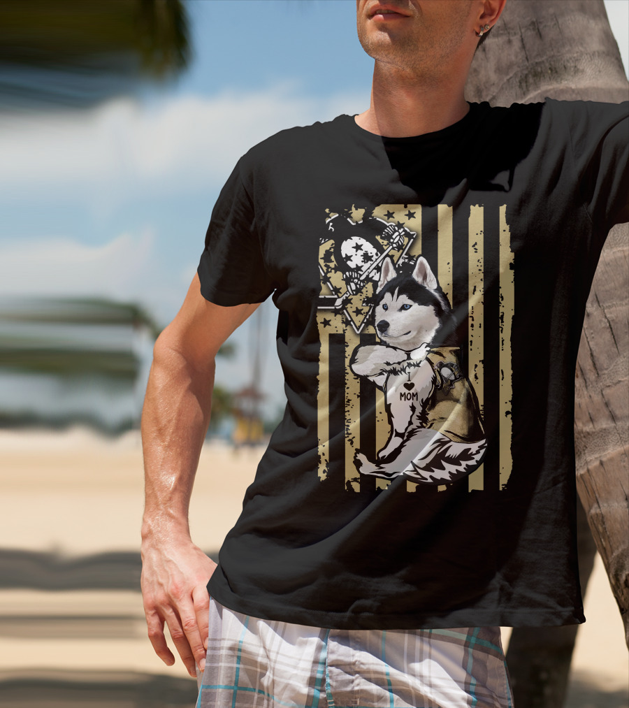Siberian Husky I Love Mom Pittsburgh Penguins Hockey Star Flag T-Shirt
