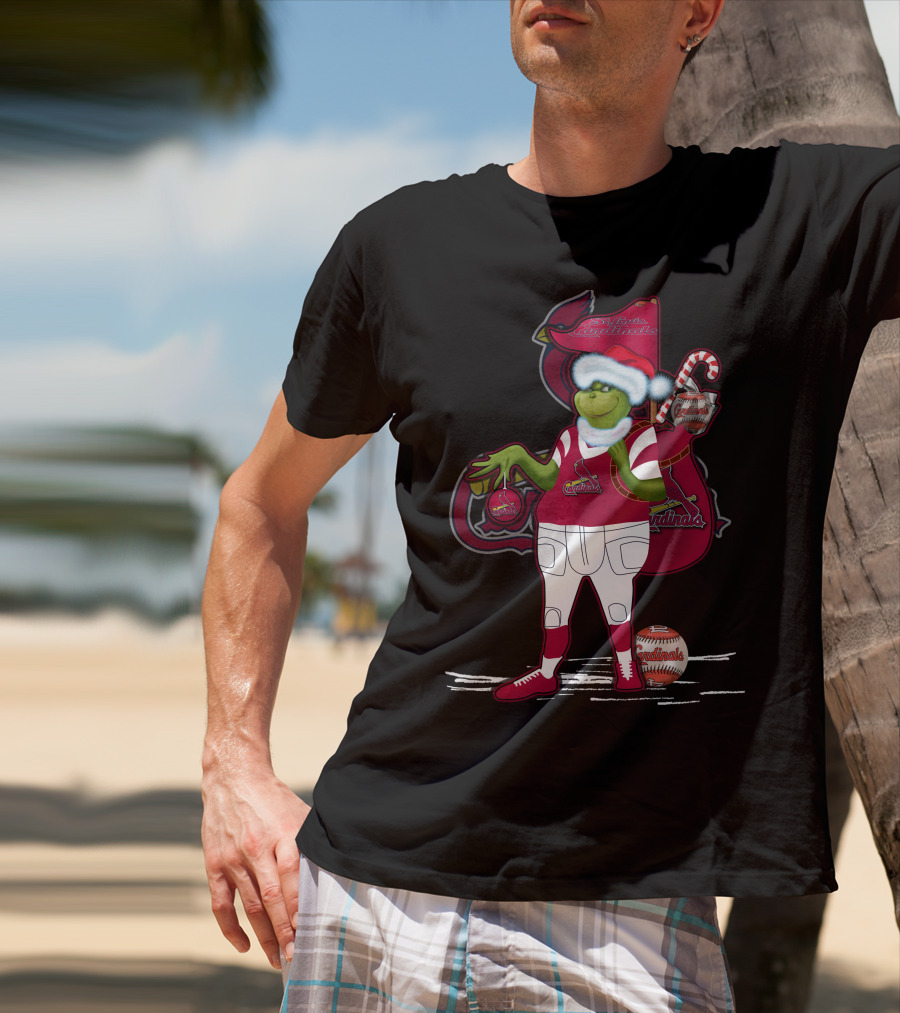 Grinchmas St. Louis Cardinals Christmas Baseball Character With Candy Cane And Baseball Gear T-Shirt