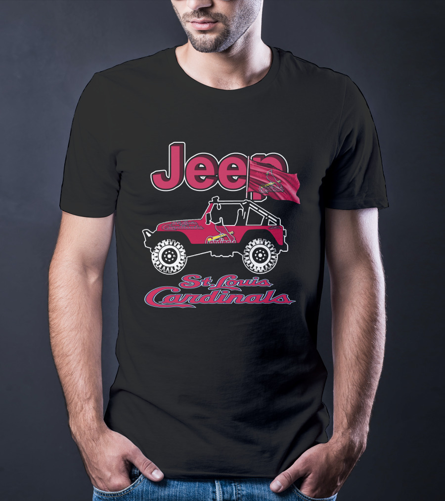 Jeep St. Louis Cardinals Logo With Red Off-Road Vehicle And Flag T-Shirt