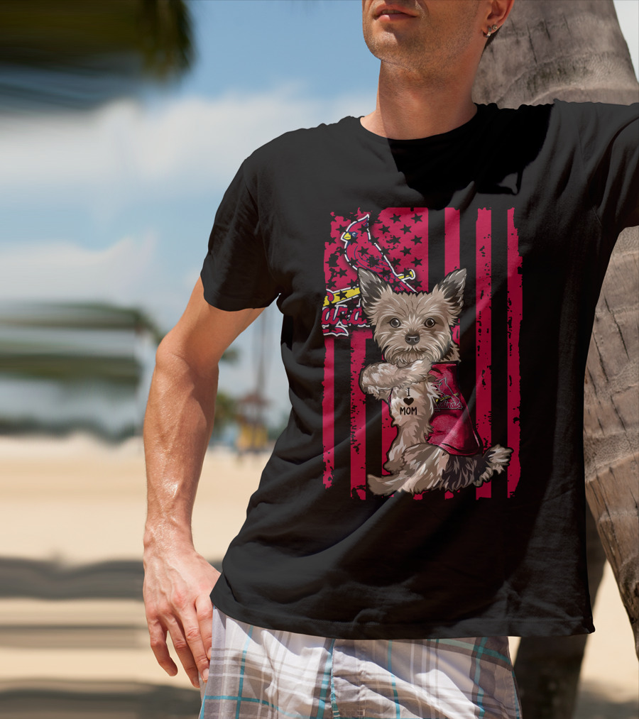 Yorkshire Terrier I Love Mom St. Louis Cardinals Usa Flag Stars Stripes T-Shirt