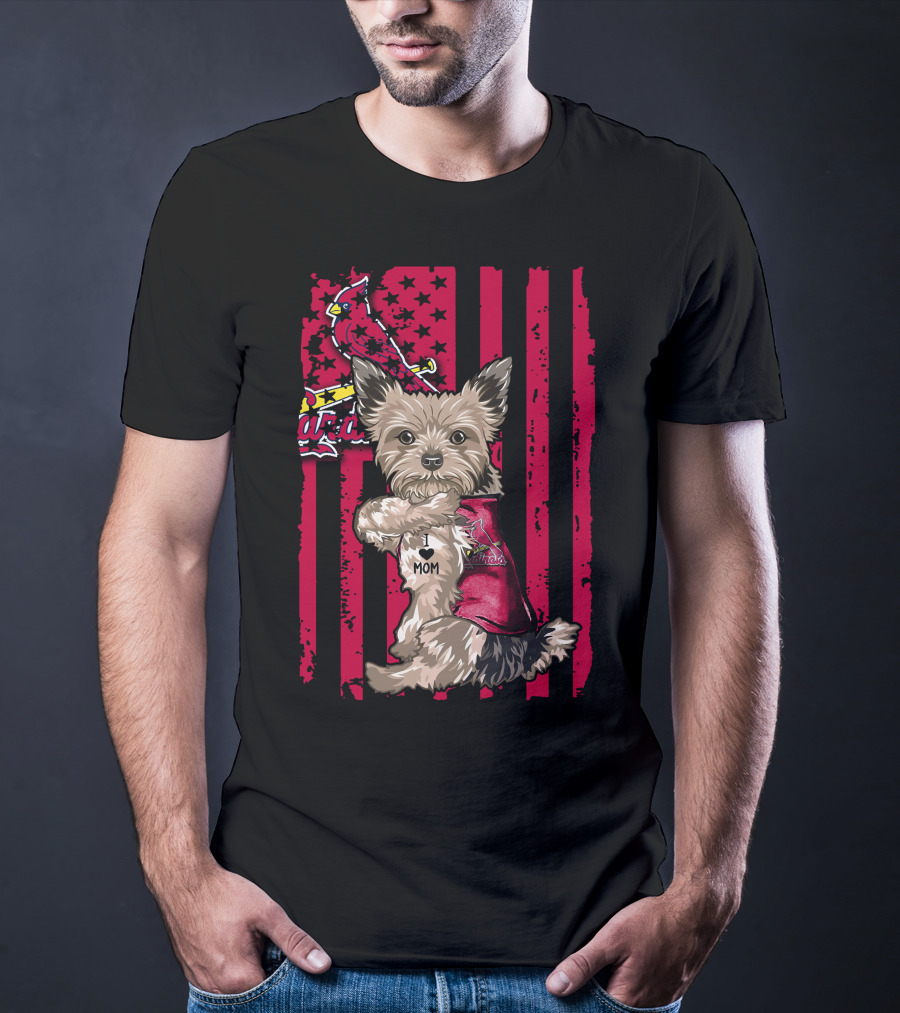 Yorkshire Terrier I Love Mom St. Louis Cardinals Usa Flag Stars Stripes T-Shirt