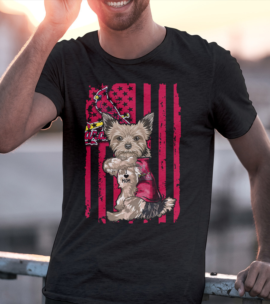 Yorkshire Terrier I Love Mom St. Louis Cardinals Usa Flag Stars Stripes T-Shirt