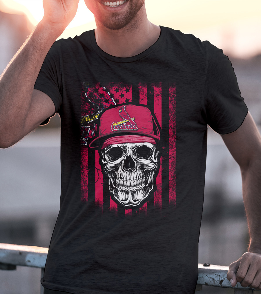 Skull St. Louis Cardinals Hat With American Flag Background T-Shirt
