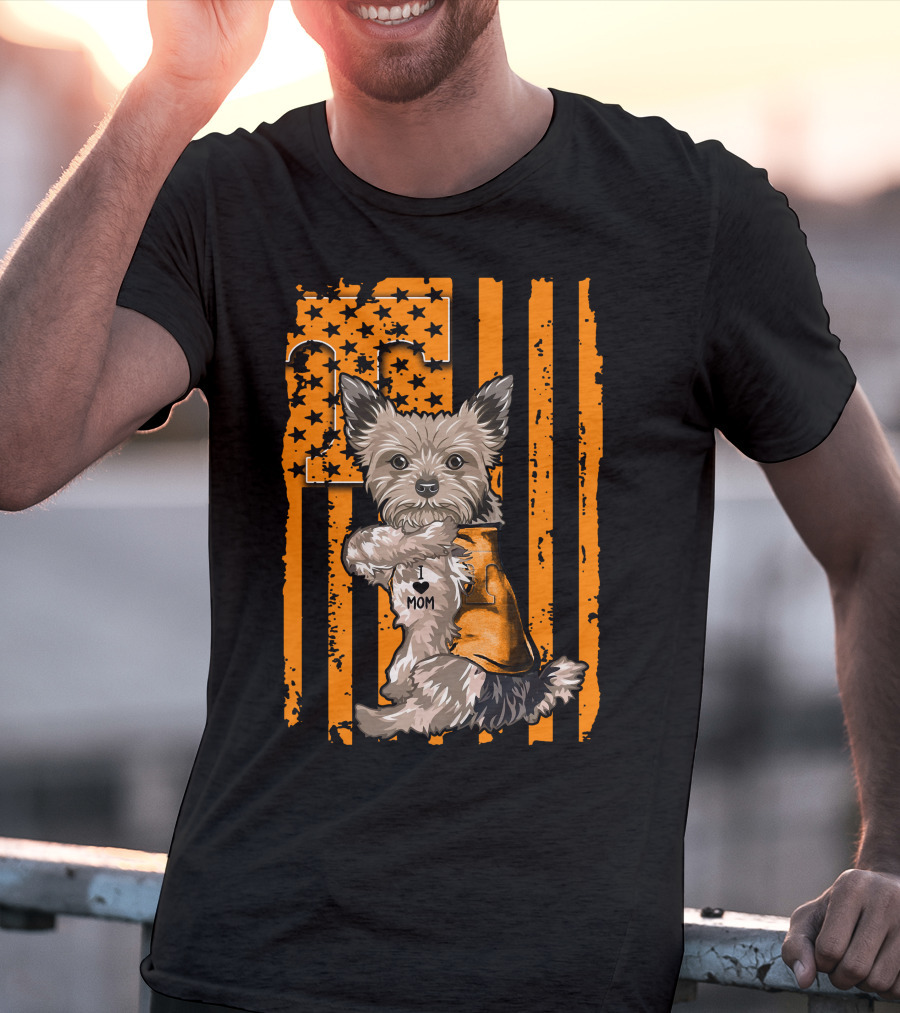Yorkshire Terrier I Love Mom Tennessee Volunteers Orange Stars And Stripes Football Flag T-Shirt