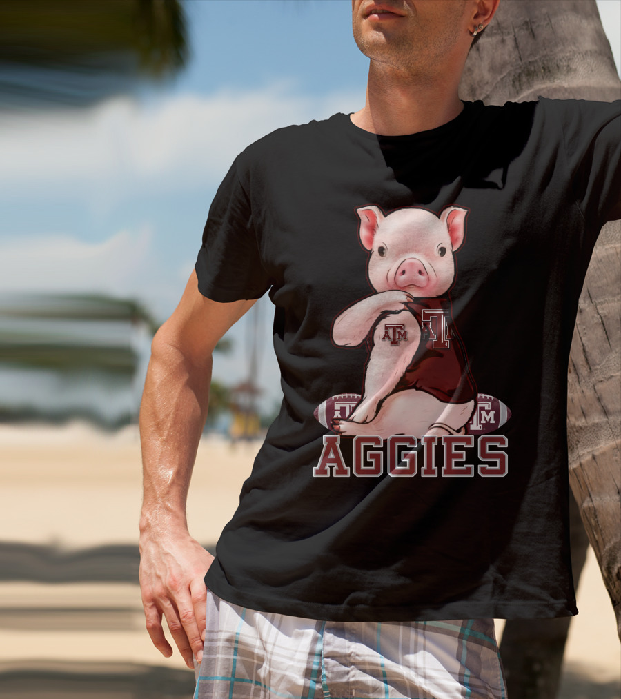 Pig Wearing Texas A&M Aggies Logo Sitting On Aggies Football T-Shirt
