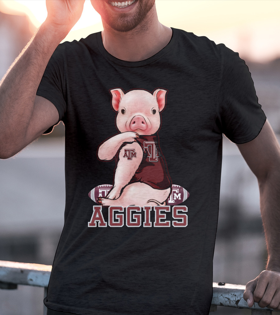 Pig Wearing Texas A&M Aggies Logo Sitting On Aggies Football T-Shirt