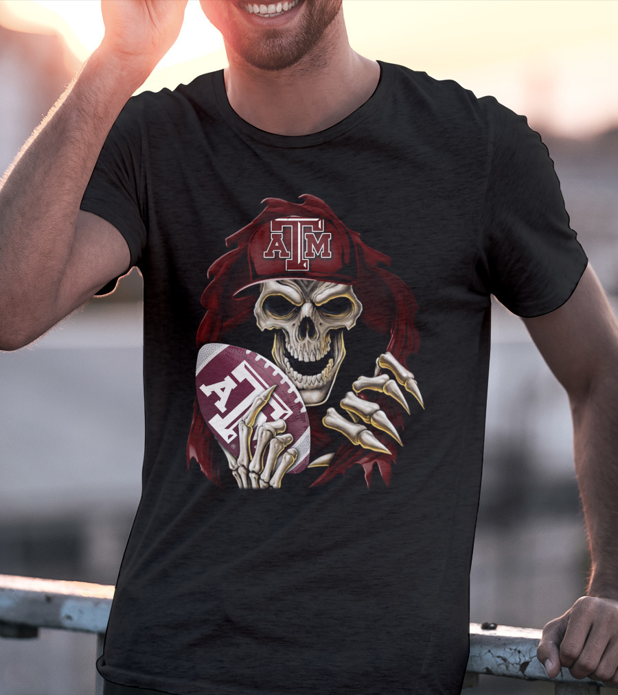 Skullbong Texas A&M Aggies Skeleton With Football And Cap T-Shirt