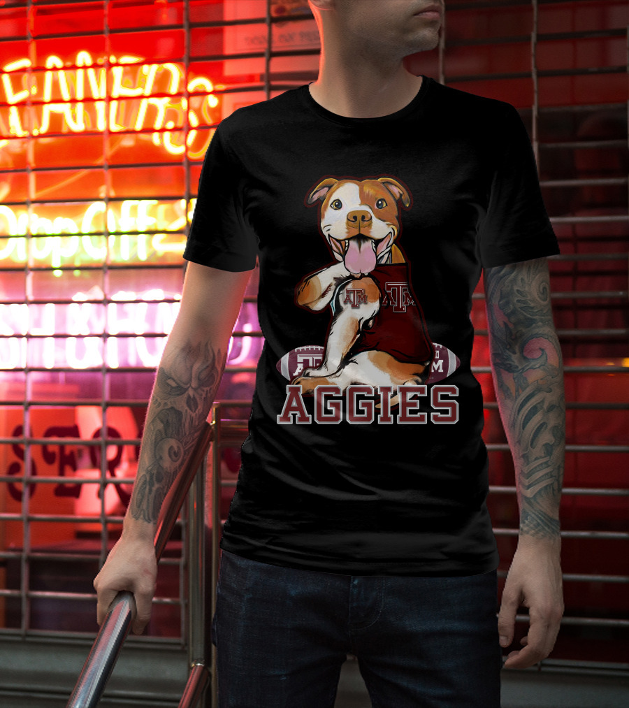 Pitbull Wearing Texas A&M Aggies Logo With Football T-Shirt