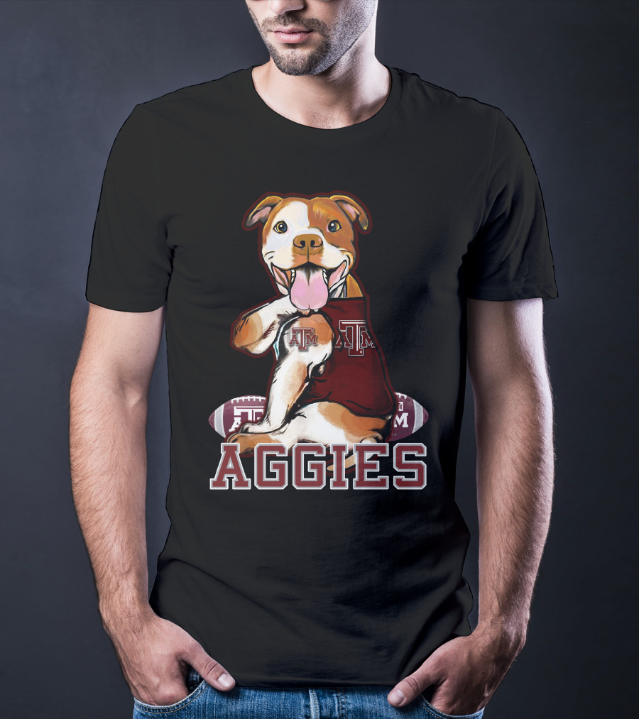 Pitbull Wearing Texas A&M Aggies Logo With Football T-Shirt