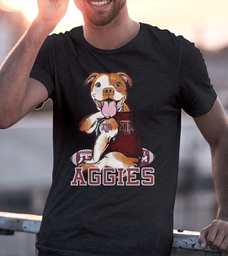 Pitbull Wearing Texas A&M Aggies Logo With Football T-Shirt
