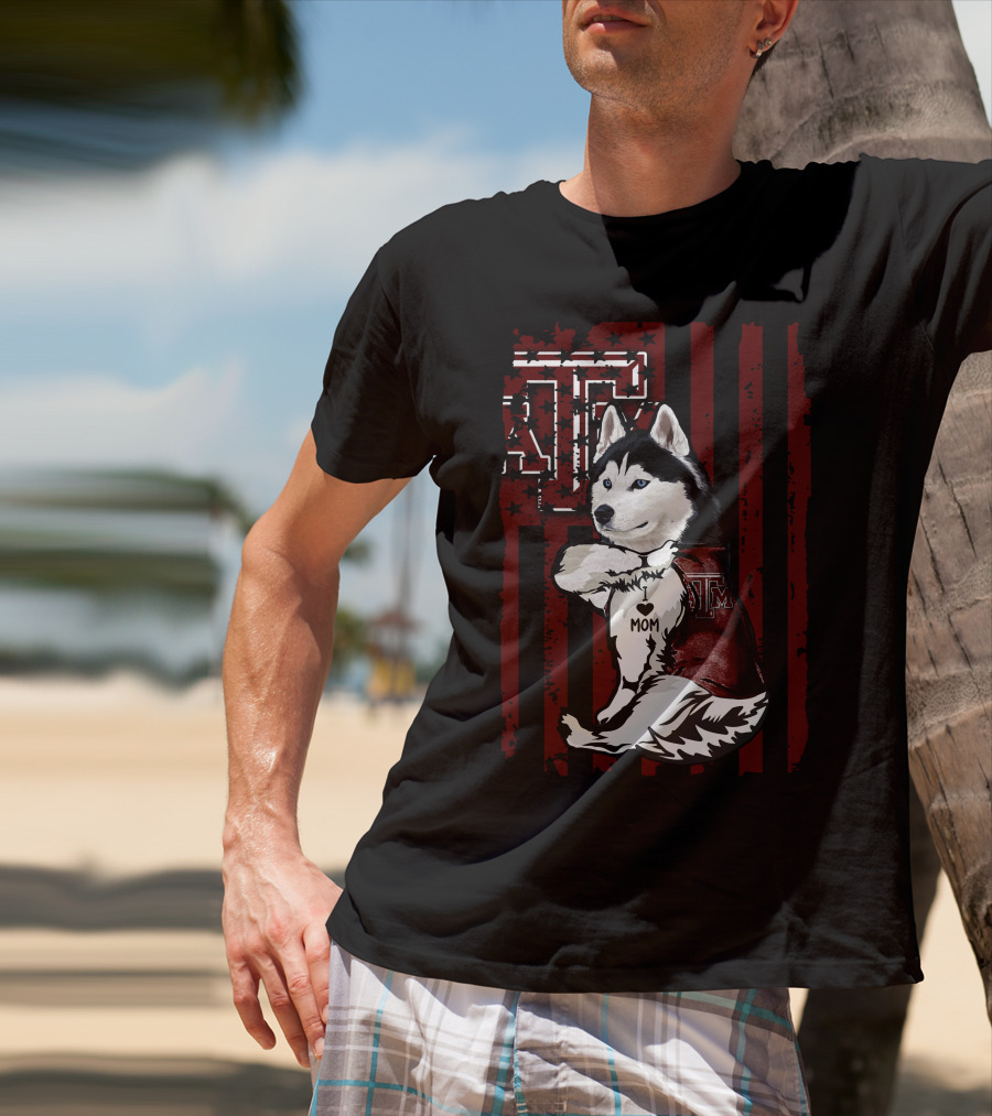 Siberian Husky Texas A&M Aggies Mom American Flag T-Shirt