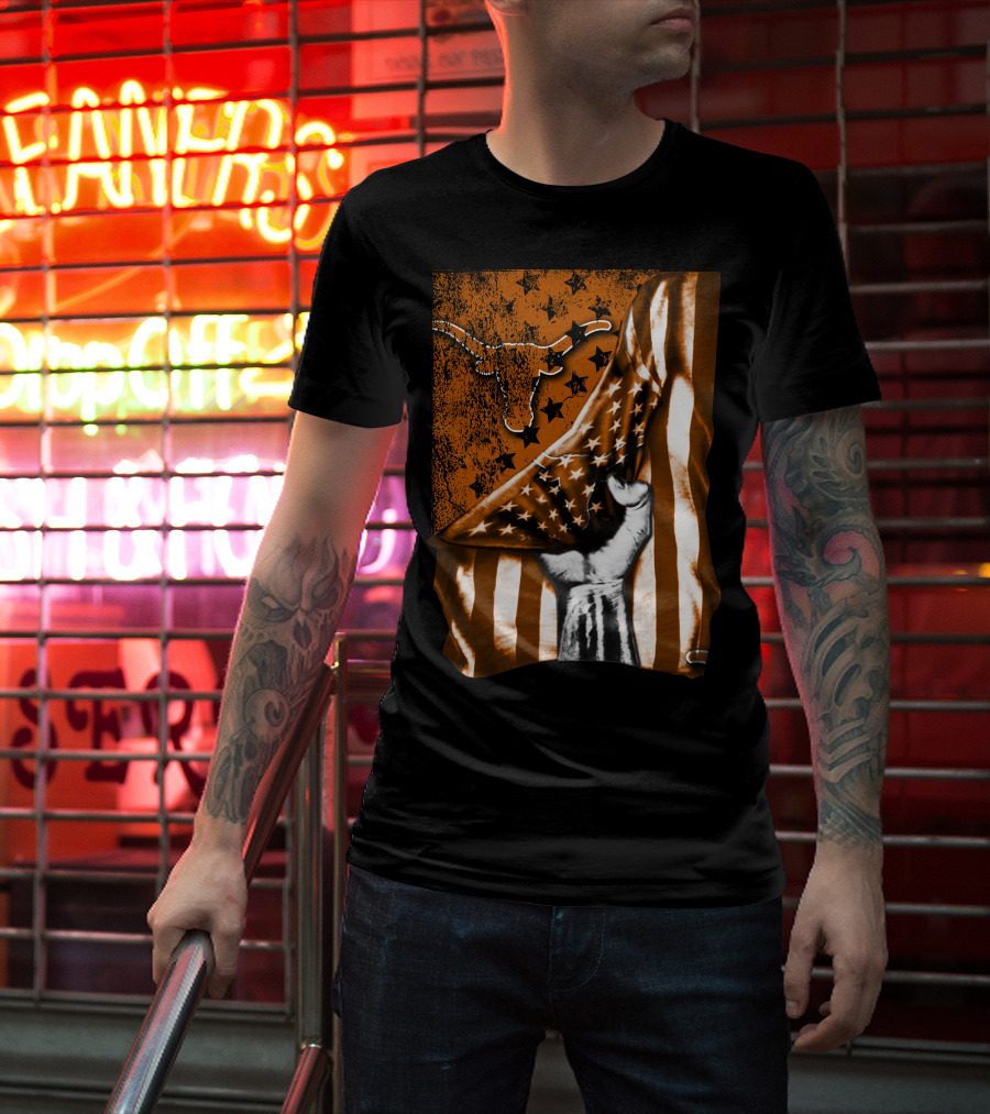 Texas Longhorns Stars And Stripes Flag Hand T-Shirt