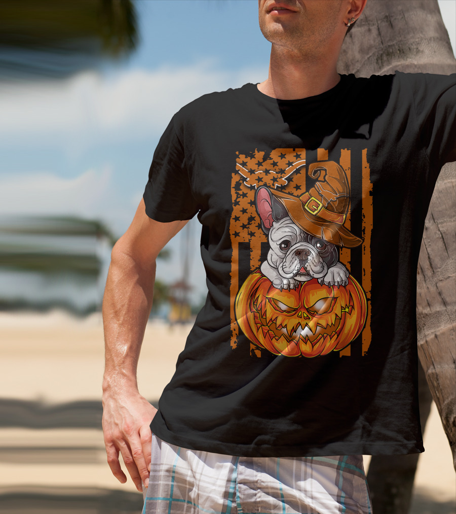 Hlw Bulldog Halloween Pumpkin Wizard Hat Stars Stripes T-Shirt