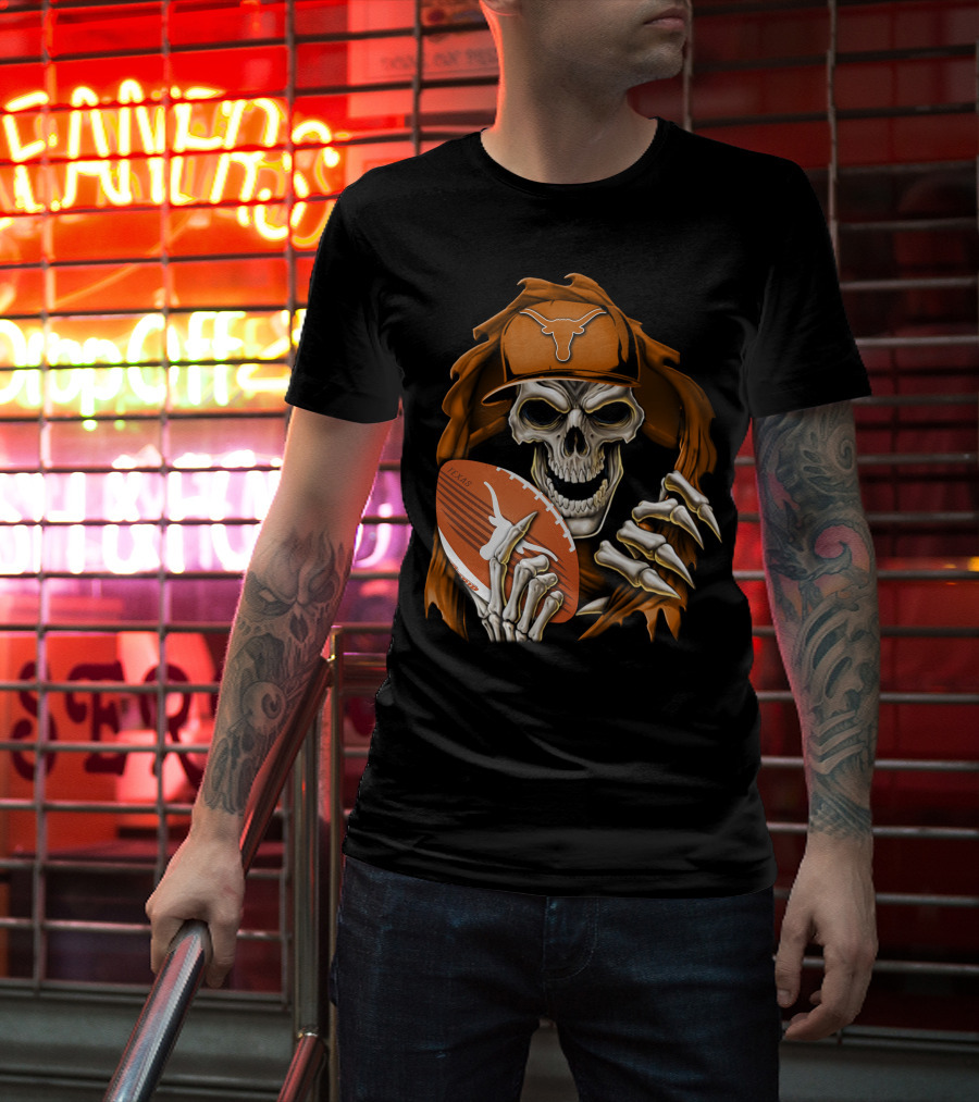 Texas Longhorns Skull With Football And Cap T-Shirt