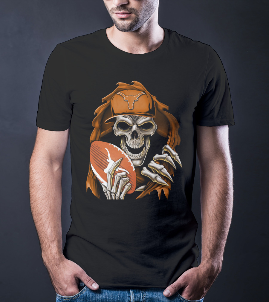 Texas Longhorns Skull With Football And Cap T-Shirt