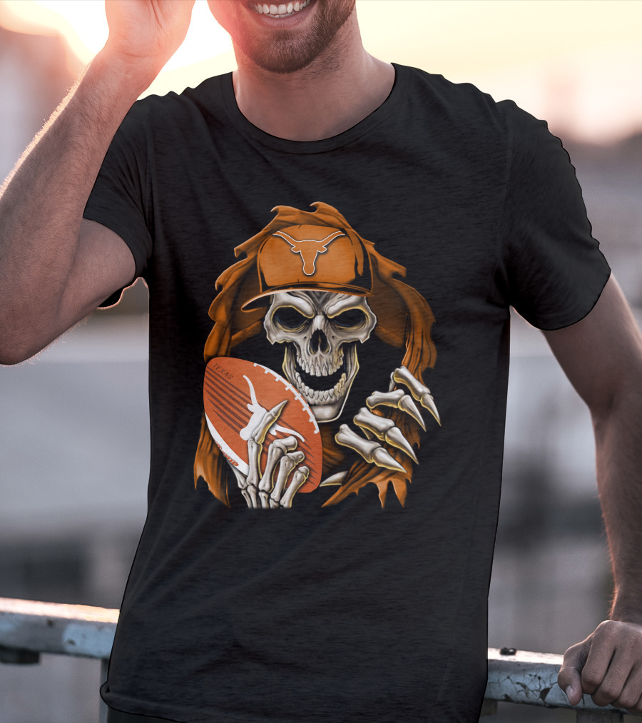 Texas Longhorns Skull With Football And Cap T-Shirt