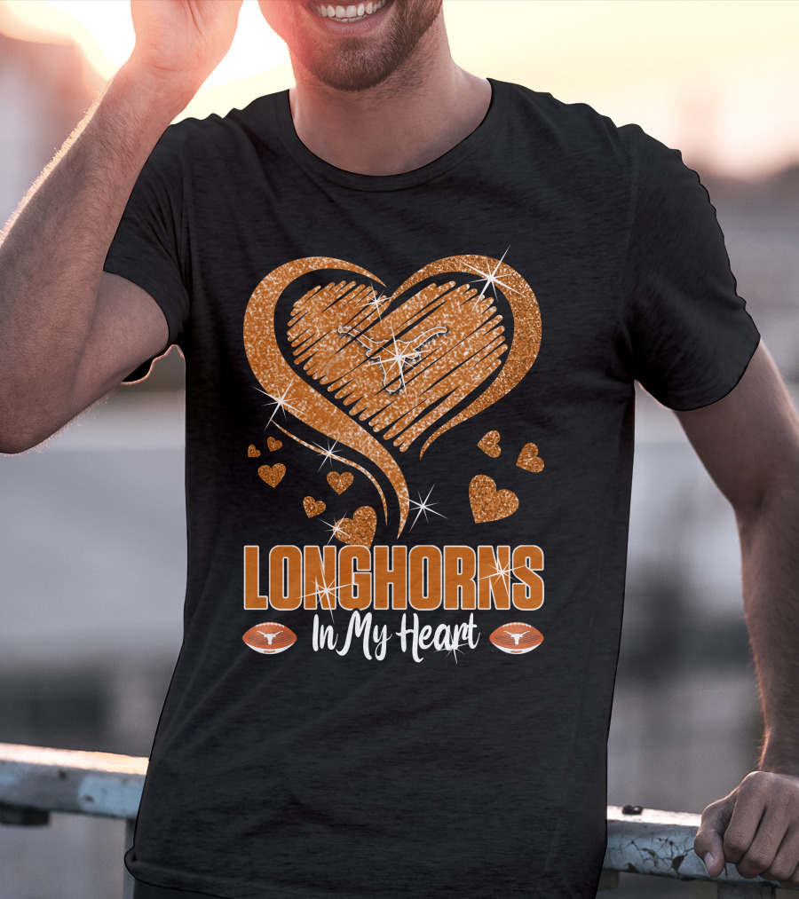 Longhorns In My Heart Glittering Orange With Football Icons T-Shirt