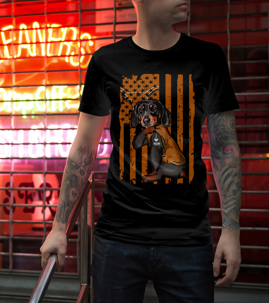 Dachshund I Love Mom Texas Longhorns American Flag Stars Stripes T-Shirt