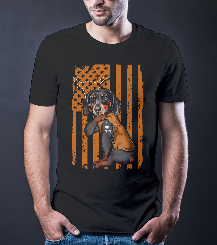 Dachshund I Love Mom Texas Longhorns American Flag Stars Stripes T-Shirt