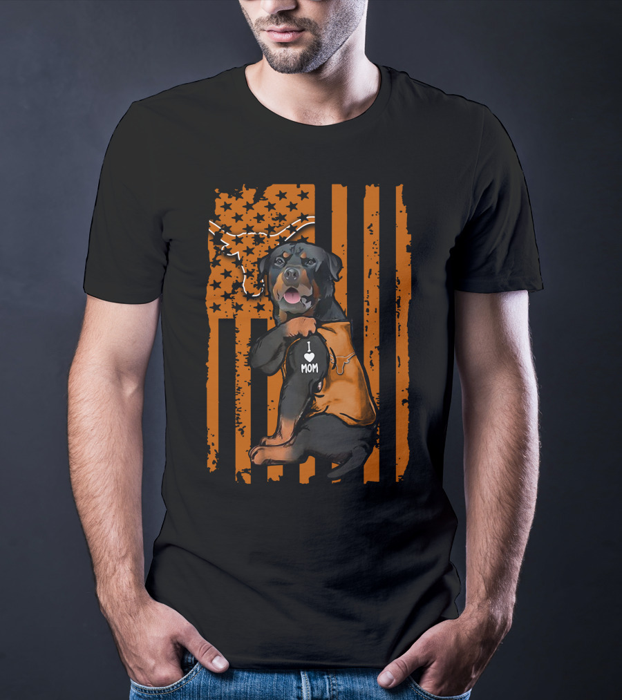 Rottweiler I Love Mom Texas Longhorns American Flag Stripes T-Shirt