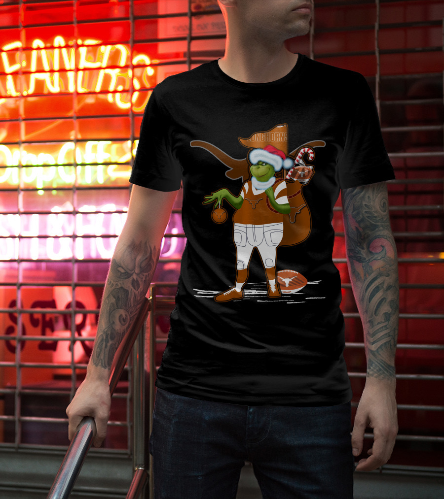 Grinchxmas Longhorns Santa Hat Football Candy Cane T-Shirt