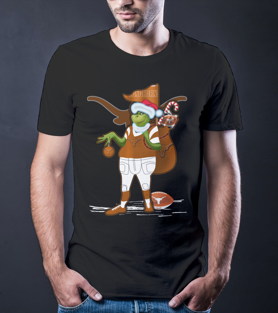 Grinchxmas Longhorns Santa Hat Football Candy Cane T-Shirt