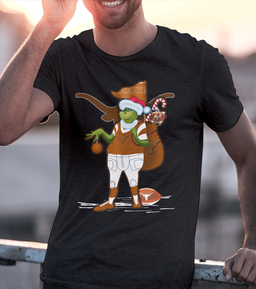 Grinchxmas Longhorns Santa Hat Football Candy Cane T-Shirt