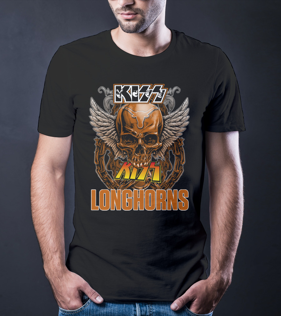 Kiss Texas Longhorns Skull With Wings And Chains T-Shirt