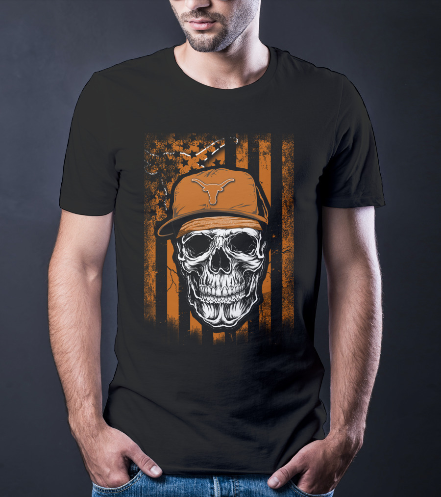 Skull Texas Longhorns Orange Hat Grunge Flag T-Shirt