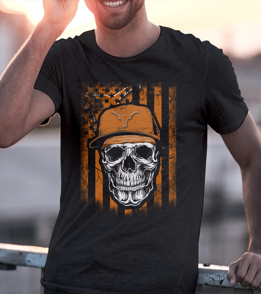 Skull Texas Longhorns Orange Hat Grunge Flag T-Shirt