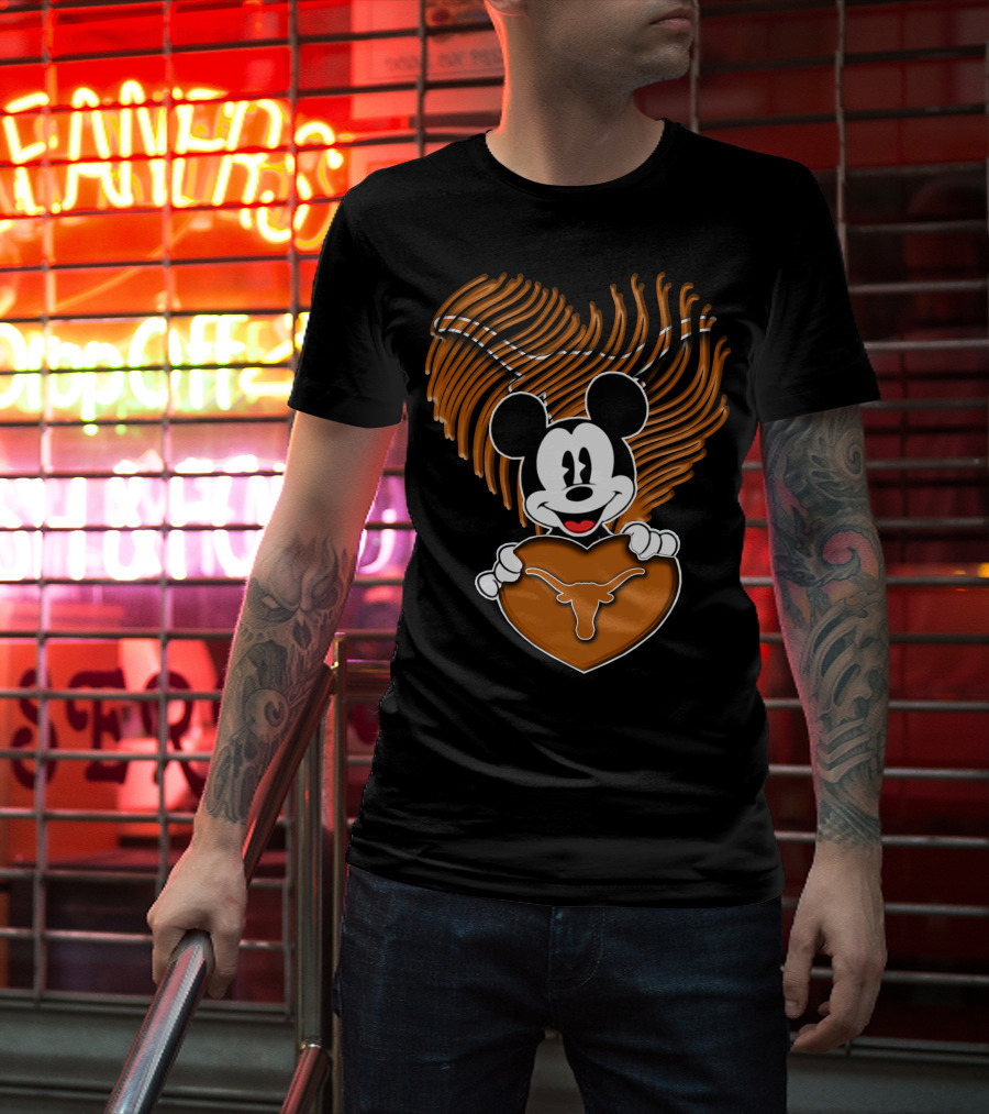 Mick Mouse And Texas Longhorns Heart T-Shirt