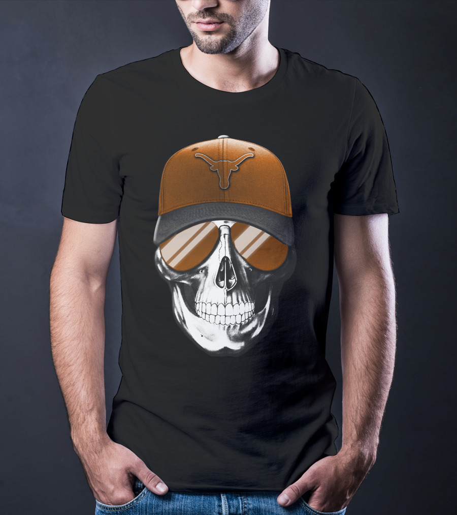 Skull With Texas Longhorns Cap And Sunglasses T-Shirt