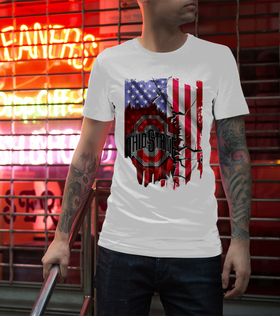 Ohio State Buckeyes Logo With Torn American Flag Background T-Shirt