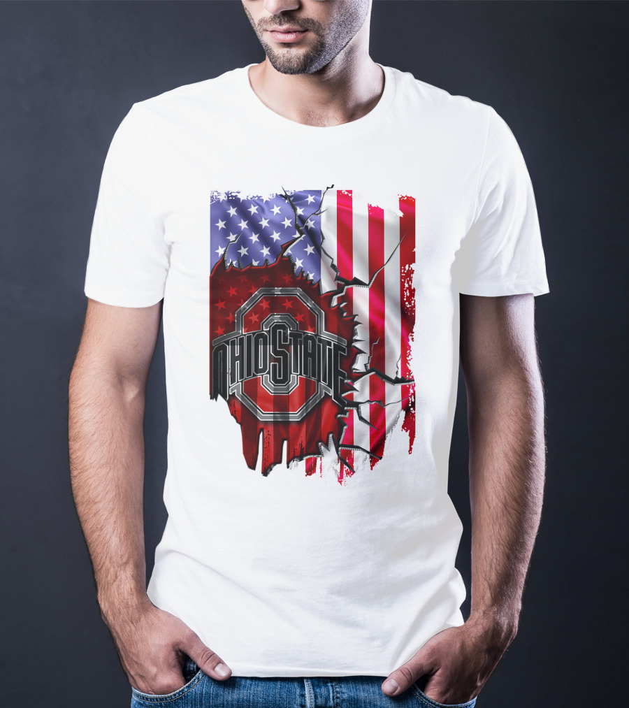 Ohio State Buckeyes Logo With Torn American Flag Background T-Shirt