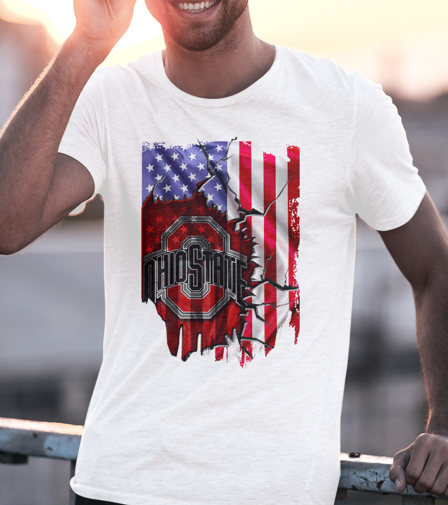 Ohio State Buckeyes Logo With Torn American Flag Background T-Shirt