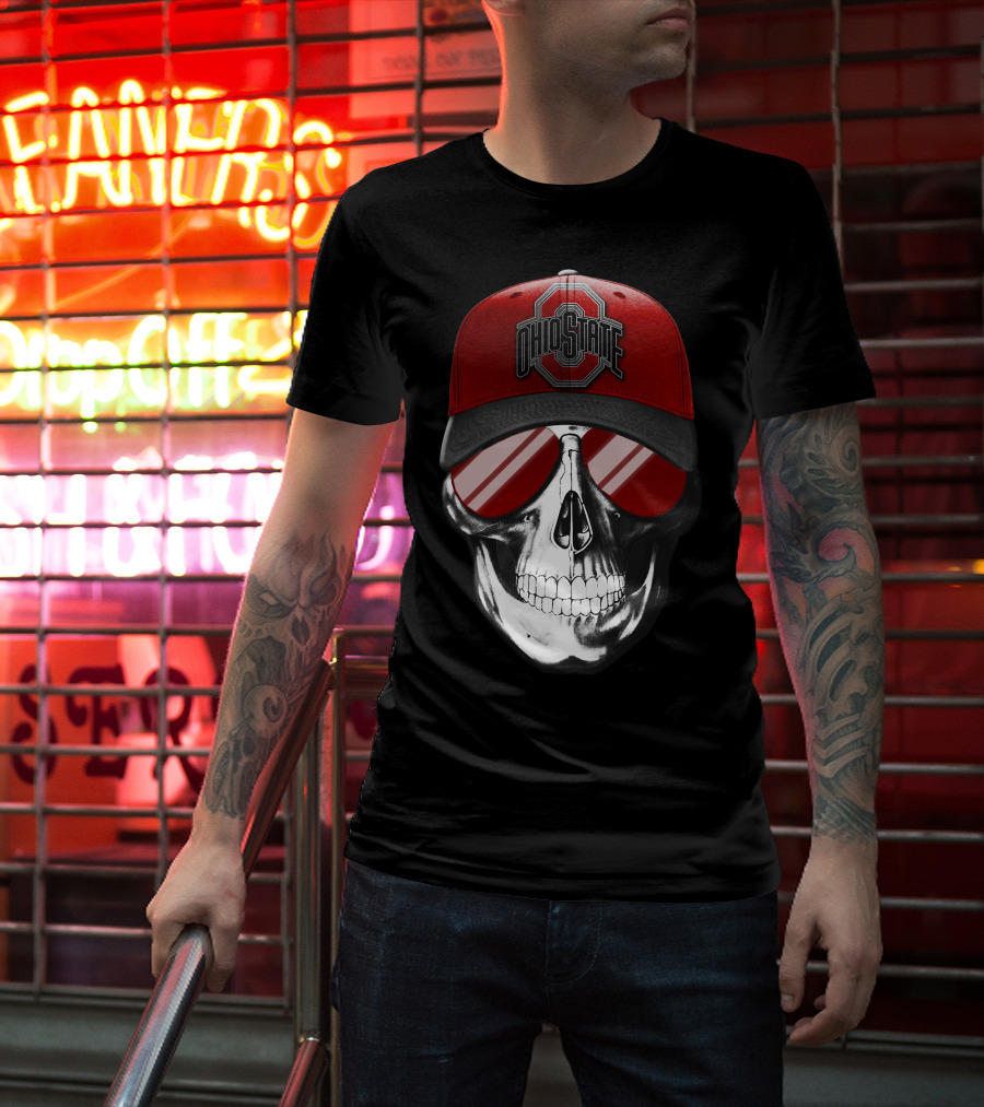 Ohio State Buckeyes Skull With Red Cap And Sunglasses T-Shirt