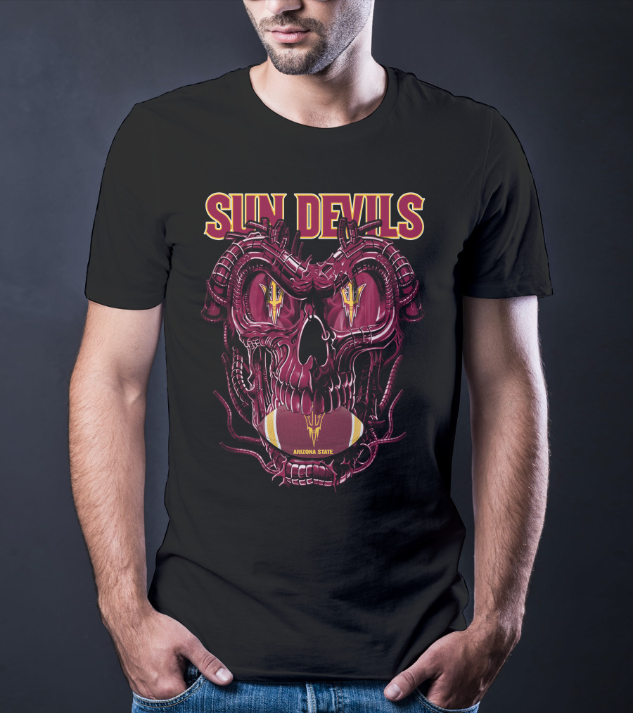 Arizona State Sun Devils Skull With Football Motif T-Shirt