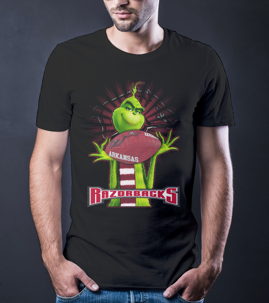 Grinch Holding Arkansas Razorbacks Football T-Shirt