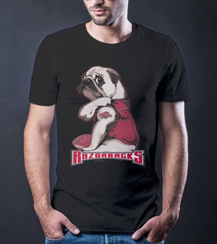 Pug Wearing Arkansas Razorbacks Football Gear T-Shirt