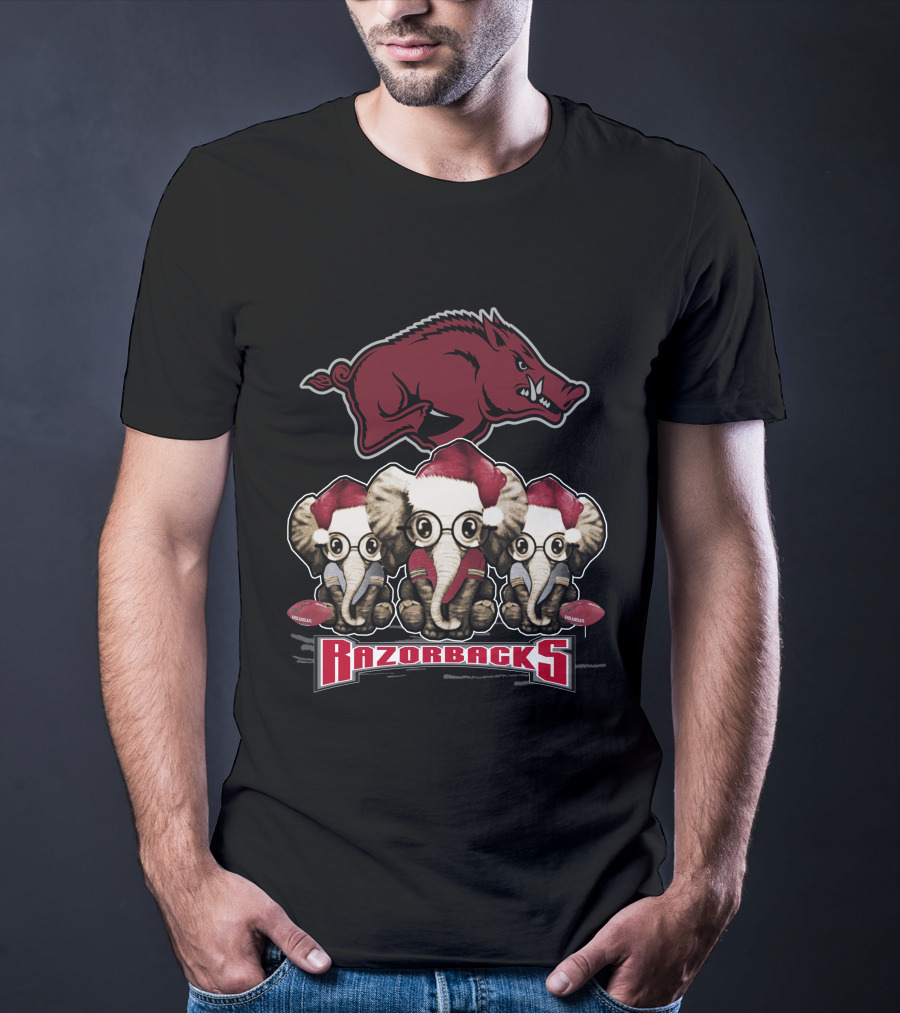 Razorbacks Elephan Xmas With Santa Hat Elephants And Arkansas T-Shirt