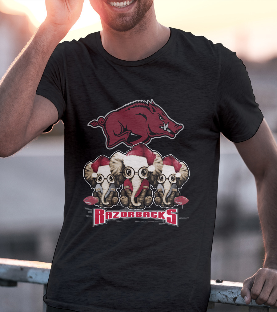 Razorbacks Elephan Xmas With Santa Hat Elephants And Arkansas T-Shirt