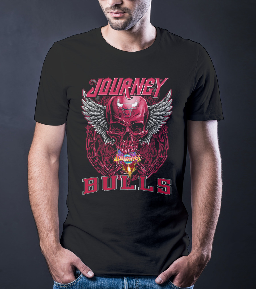 Journey Chicago Bulls Flaming Skull Wings Chain T-Shirt