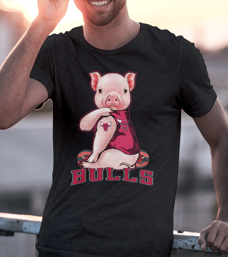 Pig With Chicago Bulls Logo On Jersey And Bulls Emblem T-Shirt