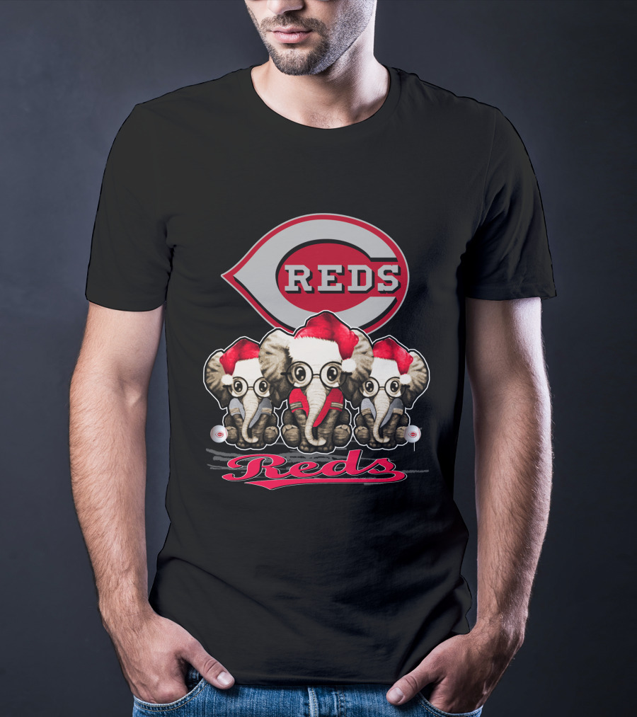 Cincinnati Reds Christmas Elephants In Santa Hats T-Shirt