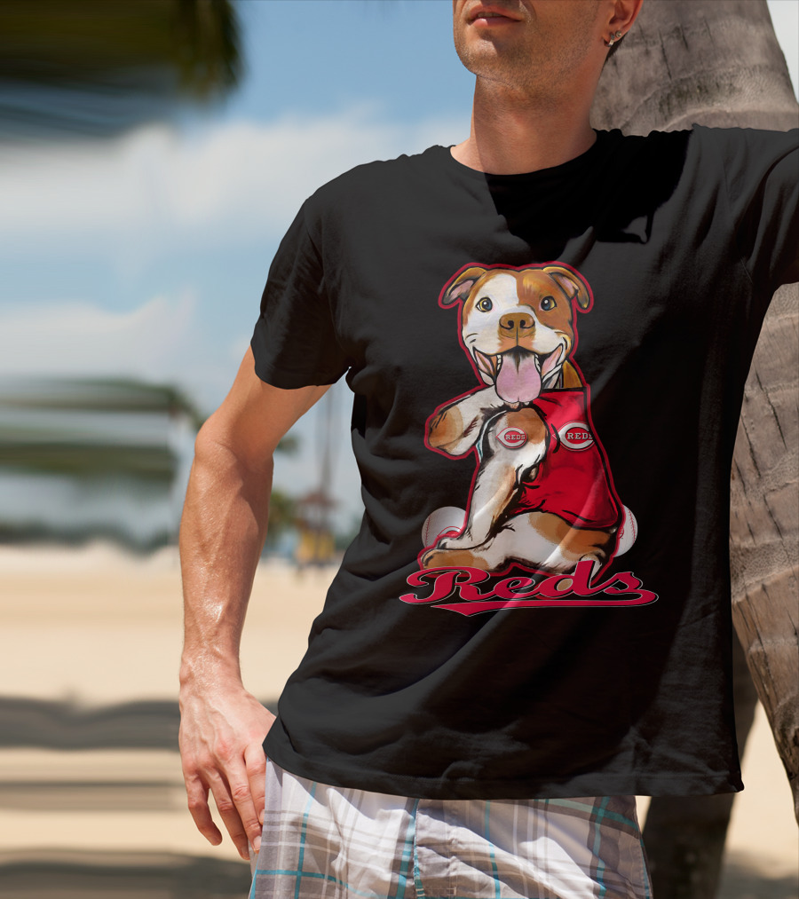 Pittbull Wearing Cincinnati Reds Jersey With Baseballs T-Shirt