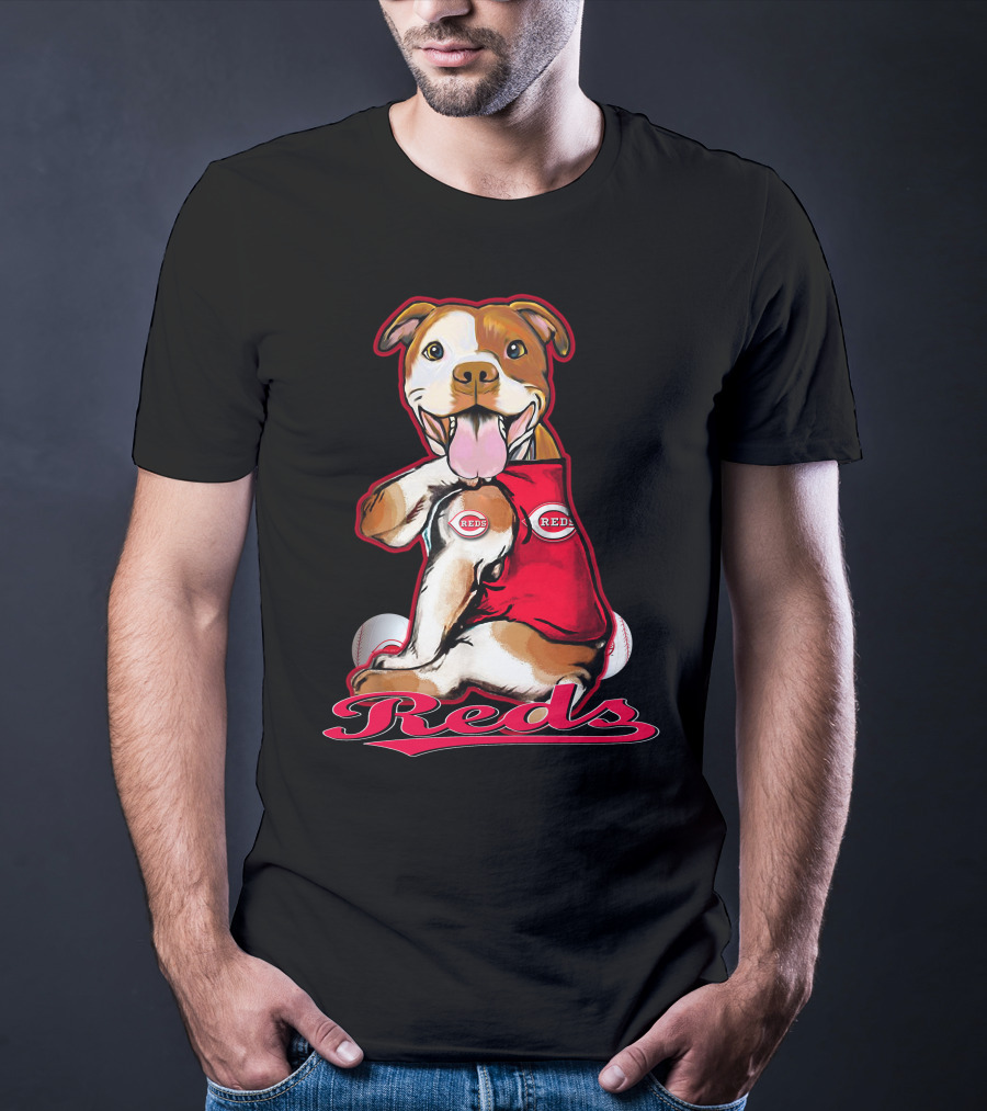 Pittbull Wearing Cincinnati Reds Jersey With Baseballs T-Shirt