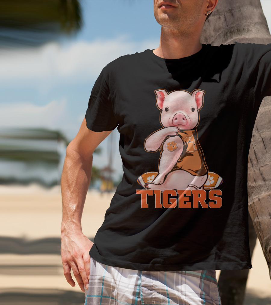 Pig Wearing Clemson Tigers Jersey Football Motif T-Shirt