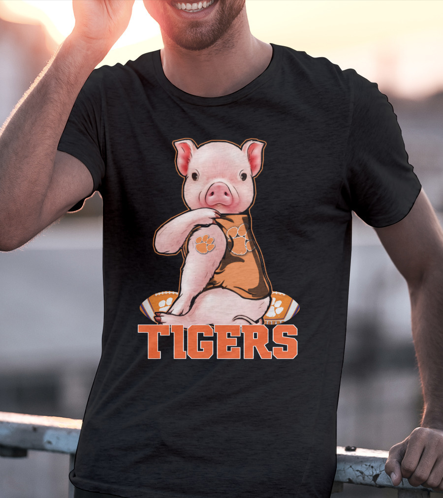Pig Wearing Clemson Tigers Jersey Football Motif T-Shirt