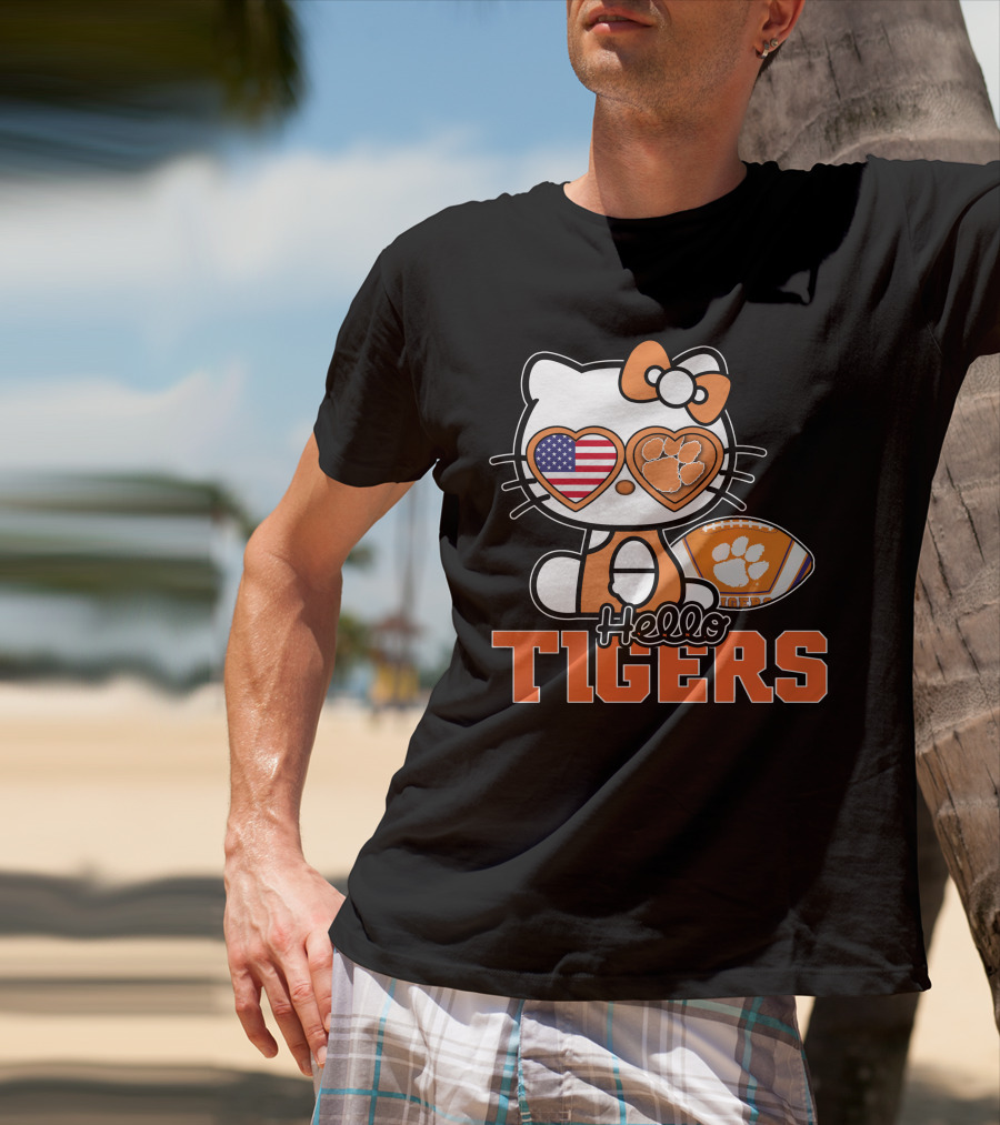 Hello Kitty Clemson Tigers Football USA Bow Paw Prints T-Shirt