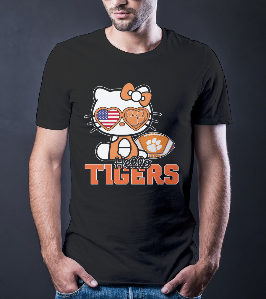 Hello Kitty Clemson Tigers Football USA Bow Paw Prints T-Shirt